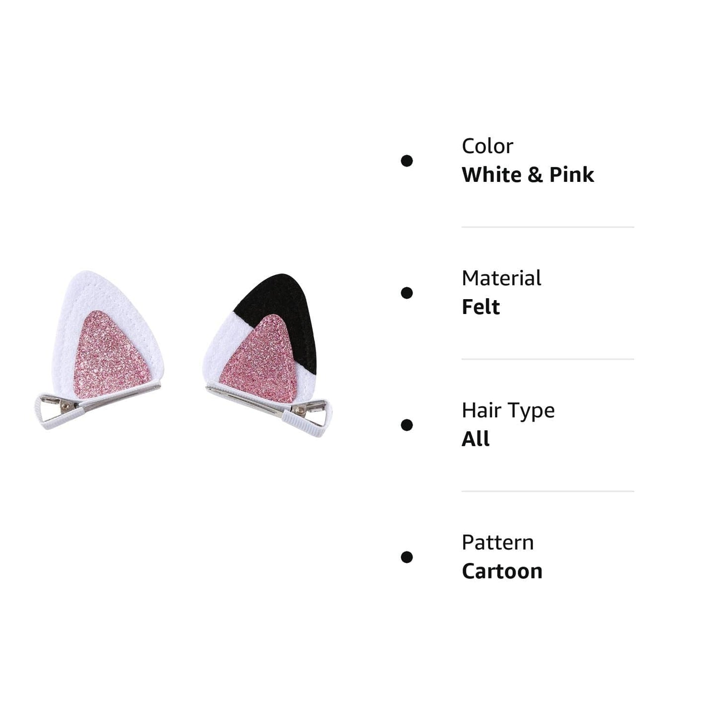 Cat Ears Hair Clips for Girls Cute Glitter Accessories Toddlers Pins Halloween Costume Party Supplies White & Pink 2 Count (Pack of 1)