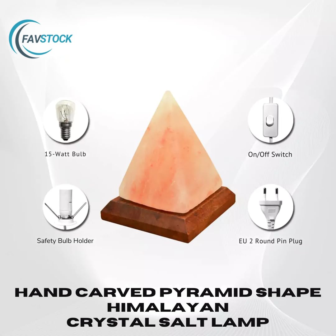 FAVSTOCK Himalayan Salt Lamp, Natural Pyramid Salt Rock Lamp with Handcrafted Wooden Base & Night Light, Soothing Amber Glow, for Home, Office, Yoga Decor, 6 x 4.5 Inches