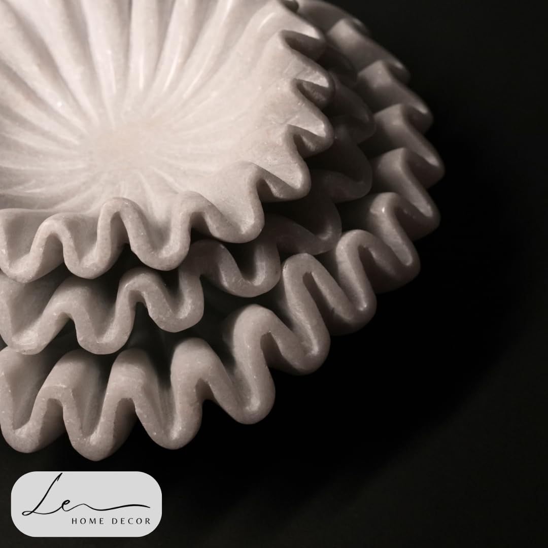 LE HOME DECOR Handmade Marble Scalloped Bowl - 7 inches/Decorative Ruffle Home Decor Bowl/Natural Stone Ruffle Dish/Handcrafted White Marble Dish (7 Inches)