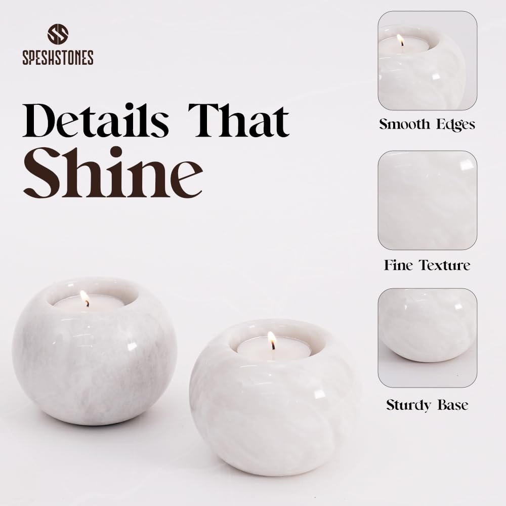 SPESHSTONES Marble Tealight Candle Holder 3.5 Inch White Gifts, Stone Holders for Votive Candles & Small Tea Lights Set of 2 for Birthday, Wedding Decorations