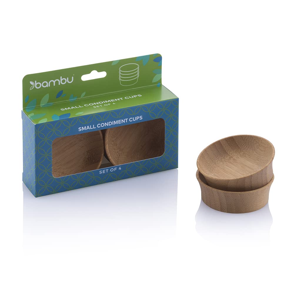 Bambu Pack of 4 - Small Reusable Bamboo Condiment Cups, Natural Wood and Food-Safe Finish, Eco Friendly Dish Alternative, Compostable Cups