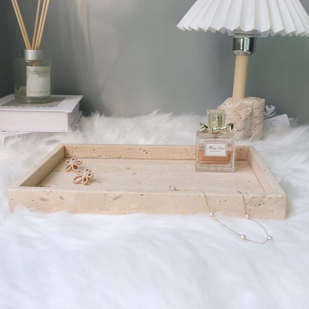 Kesoniku African Natural Marble Tray, 11.8"x7.8" Coffee Table Vanity/Decorative Tray for Jewerly, Watch, Perfume, Rectangle Genuine Marble Stone for Bedroom/Bathroom/Kitchen Countertop