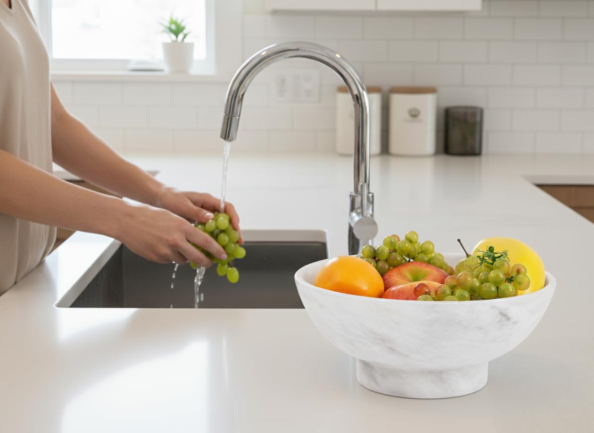 Marble Fruit Bowl For Kitchen Counter White 10" Inch Handmade Fruit Dish, Decorative Bowls For Entryway Table, Modern Candy Bowl For Kitchen Storage