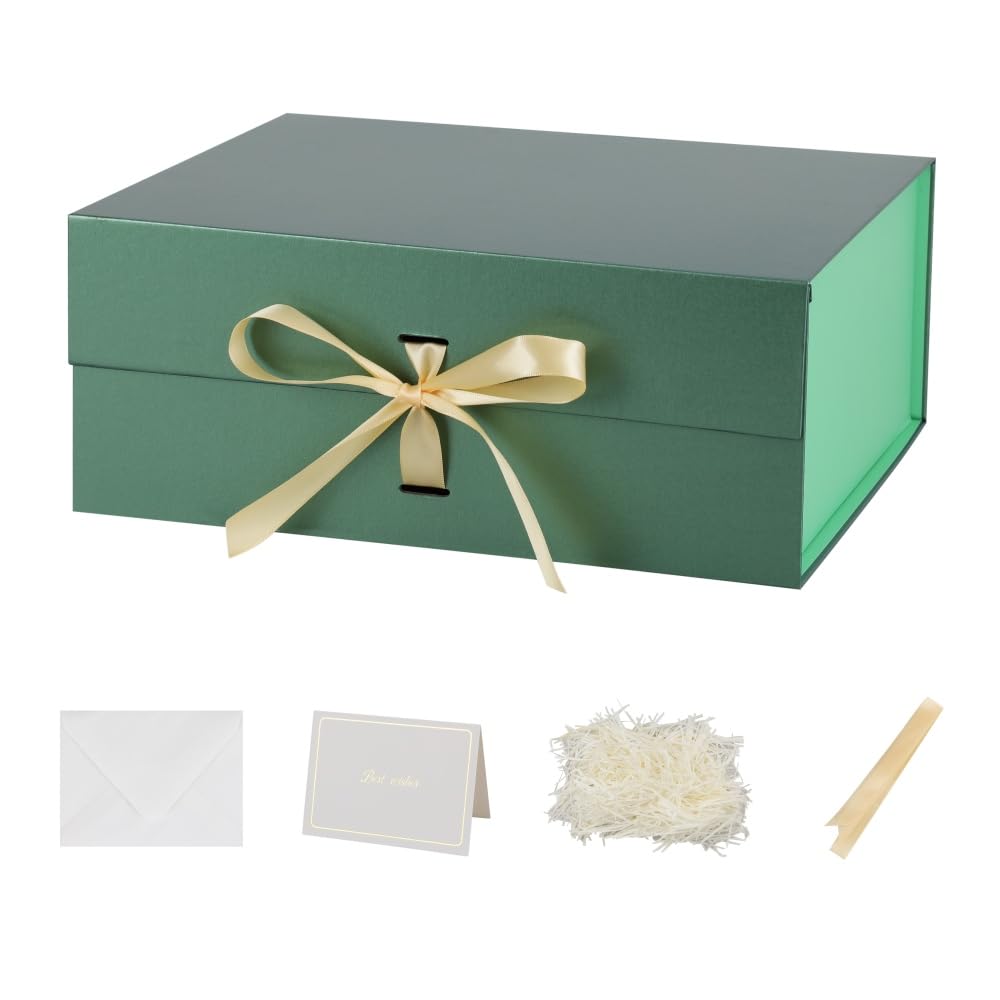 BoxSkivra Green Large Gift Box with Ribbon 1 Pack 13X11X5.3 Inch Large Gift Box with Lid Magnetic Closure Rectangle Collapsible Luxury Gift Boxes for Presents Crinkle Cut Paper Shred with Card