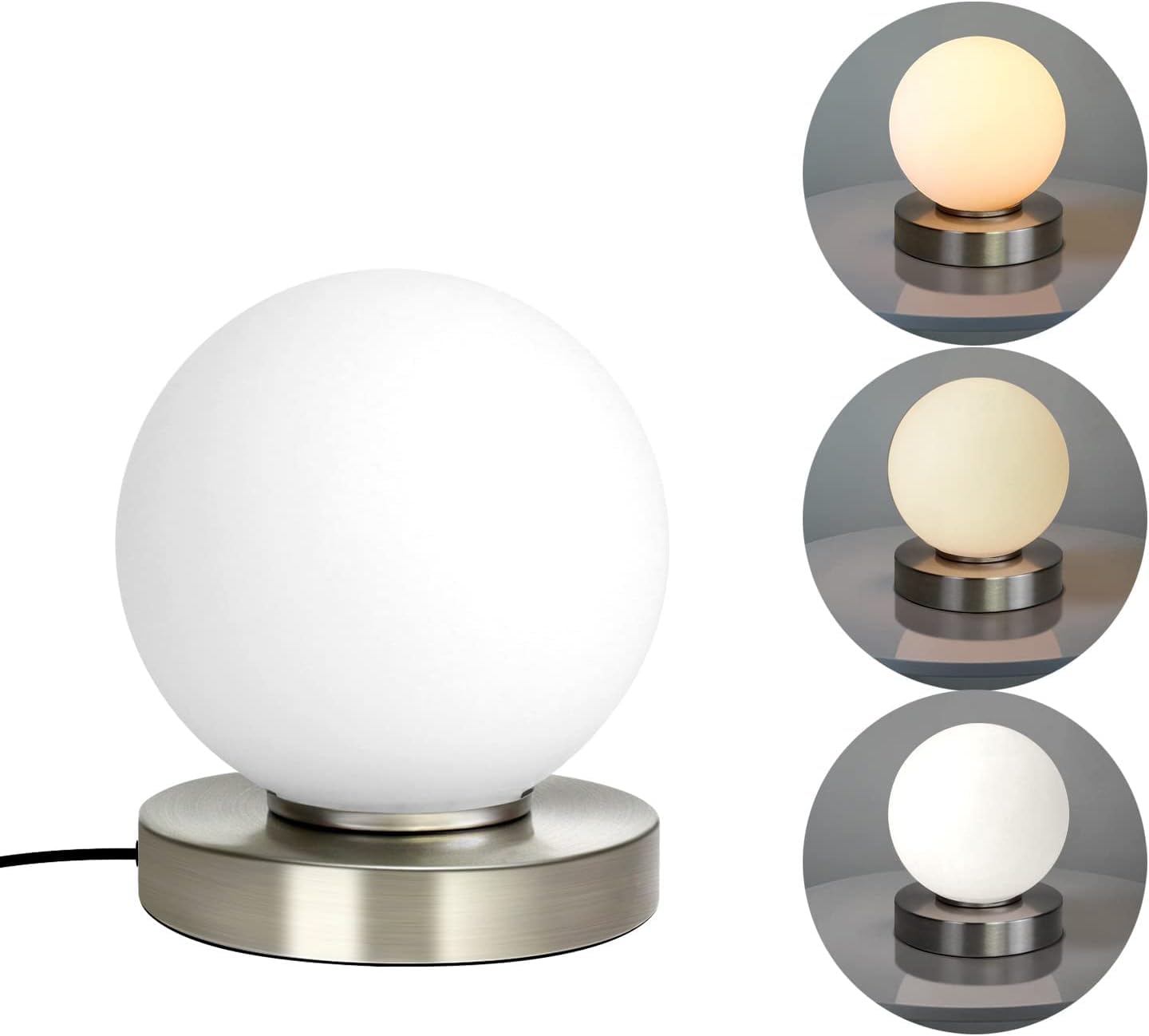Modern Small Table Lamps, Opal Glass Bedside Table Lamp 3 Colors Dimmable Gold Desk Lamp, for Bedroom Living Room Nightstand, Simple Design (Silver)