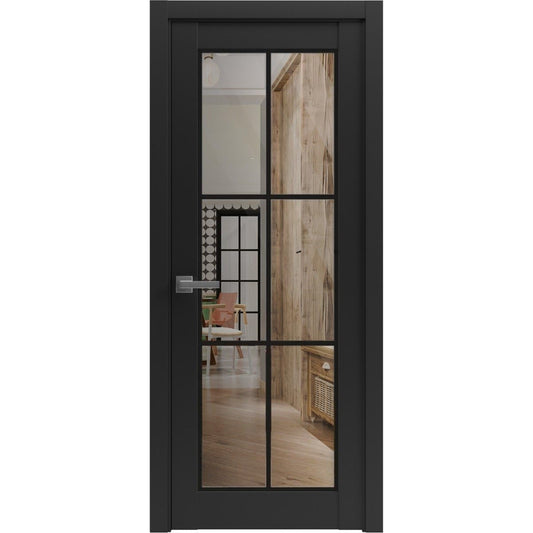 Solid French Pre-Hung Door 30 x 80 inches | Lucia 2366 Matte Black Clear Glass | Single Regular Panel Frame Trims Handle | Bathroom Bedroom Sturdy Doors