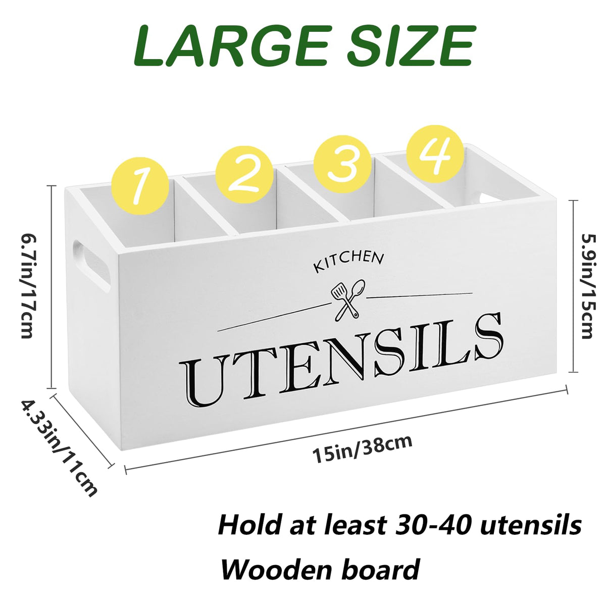 Kitchen Utensil Holder with 4 Compartments, Wooden Utensil Organizer for Countertop, Ideal for Storage and Organization, Rustic Cooking Utensil Kitchen Tool, White