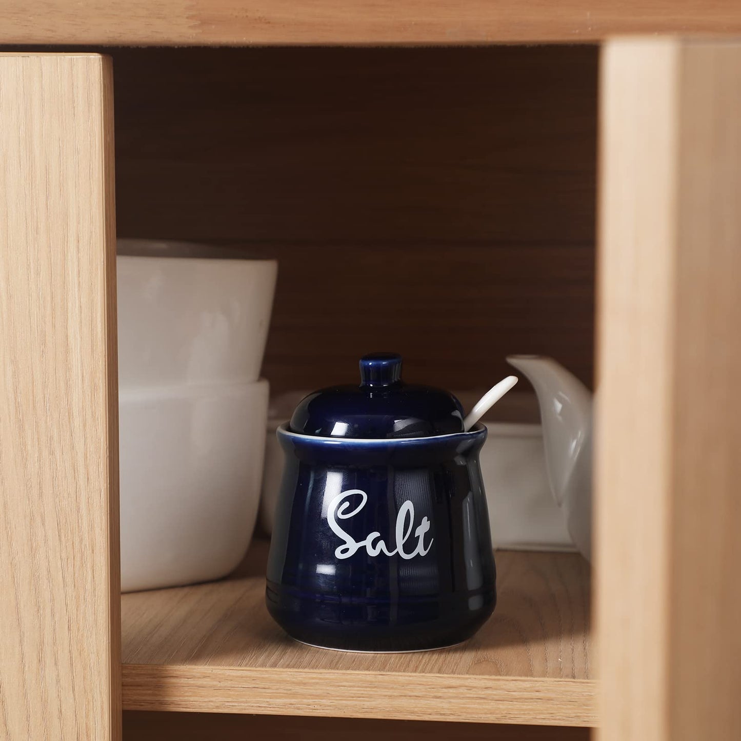 HAOTOP Farmhouse Porcelain Salt Bowl with Lid and Spoon 12oz,Easy to Clean (Navy)