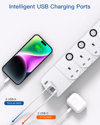 1.8M Extension Lead, 4 Way Socket Outlets Power Strips with 4 USB (2 Type C & 2 USB A), 1050J Surge Protection Multi Plug Extension with Braided Extension Cable for Home, Office, Individually Switched
