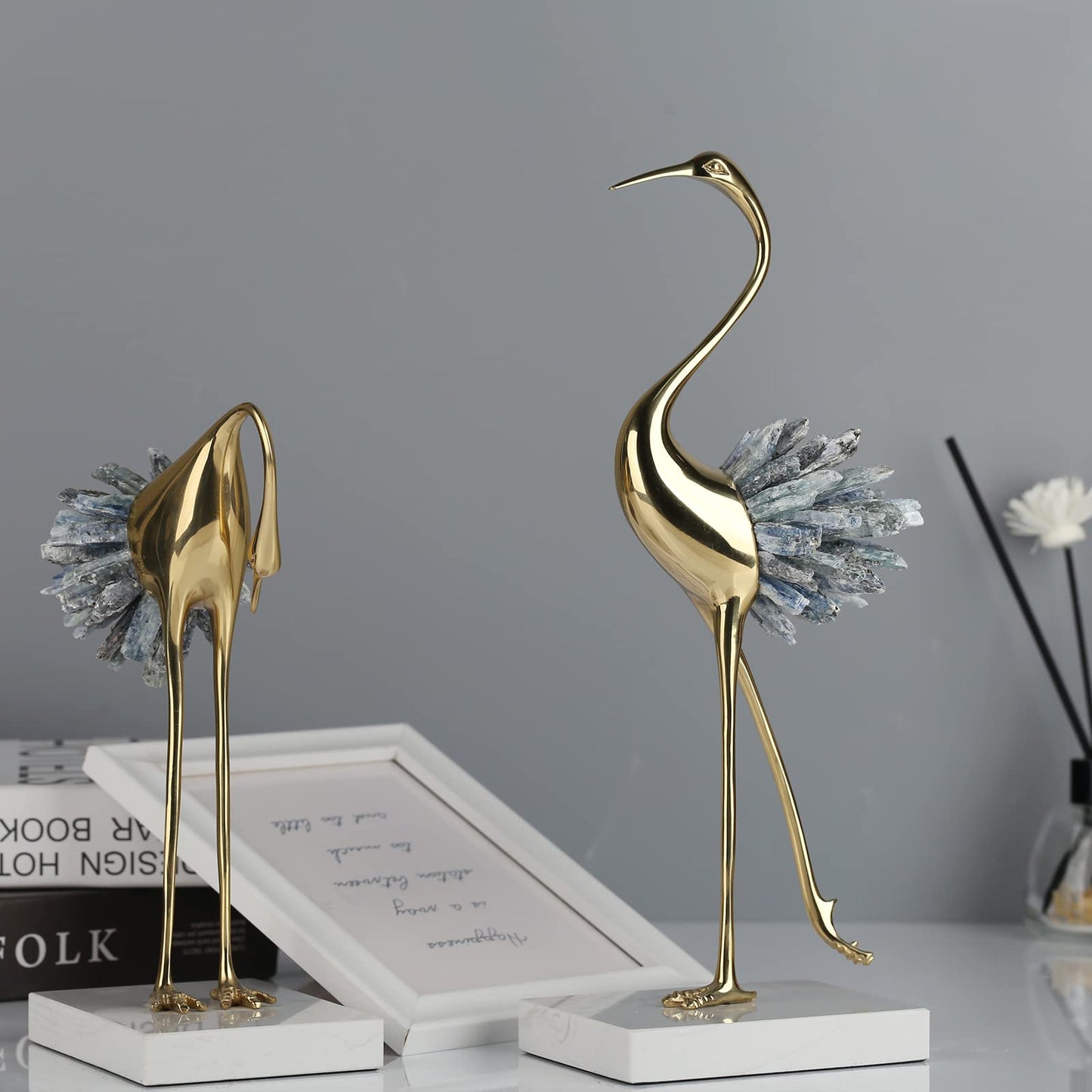 Suruim Gold Decor Accents, Brass Birds Statues - Modern Crystal Ornaments for Living Room, Bedroom, Office Desktop, Cabinets (Blue A)