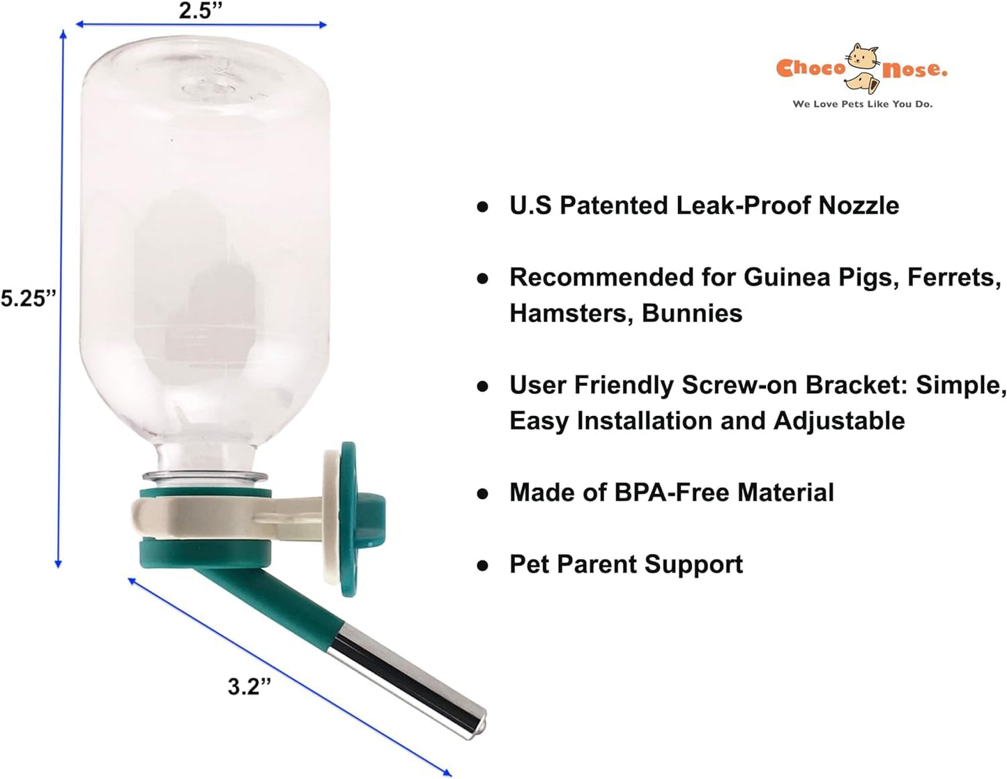 Choco Nose Patented No-Drip Water Bottle/Feeder for Guinea Pigs/Hamsters/Bunnies/Ferrets/Other Small Pets, Critters and Animals -For Cages, Crates or Wall Mount. 300ML. Nozzle 10mm, Green (C128)