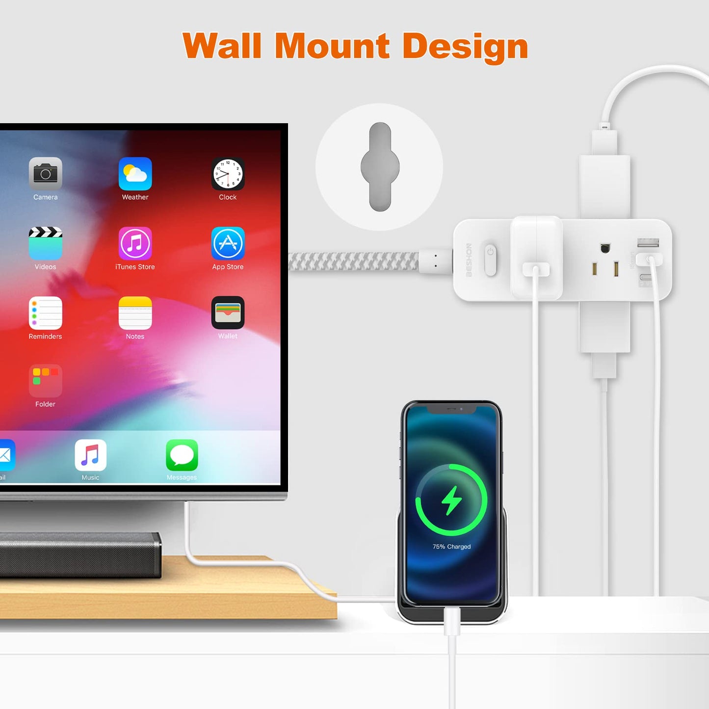 Power Strip Surge Protector, BESHON 5Ft Extension Cord, 6 Outlets with 4 USB Ports (2 USB C Outlet), 3-Side Outlet Extender, Wall Mount, Compact for Travel, Home, School, College Dorm Room and Office