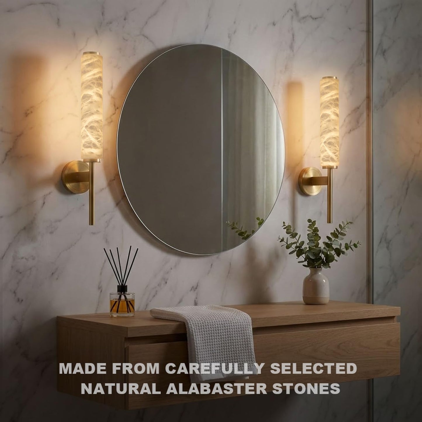 DZQWLL Alabaster Wall Sconce, Modern 18.5" Marble Wall Lamp, Bathroom Vanity Wall Light Fixtures, Brushed Brass Wall Lamp for Bedroom Mirror Living Room Bedside 8W Warm White Glow