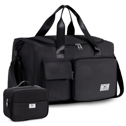 FIORETTO Womens Mens Sports Gym Bag Duffle Bag with Shoes Compartment, Weekend Travel Bag Overnight Bag for Women, Foldable Water Resistant Holdall Hospital for Swimming with Toiletry Bag Black