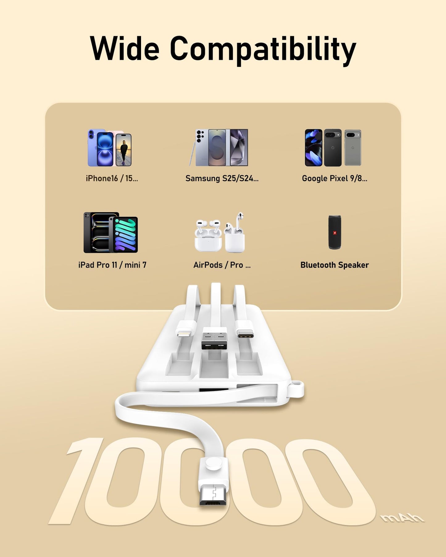 VEEKTOMX Portable Charger Built-in Cables,10000mAh Power Bank for iPhone,Fast Charge USB C Battery Pack Travel Essentials Powerbank Compatible with iPhone 17/16/15/14, Samsung S25/24, Android, etc