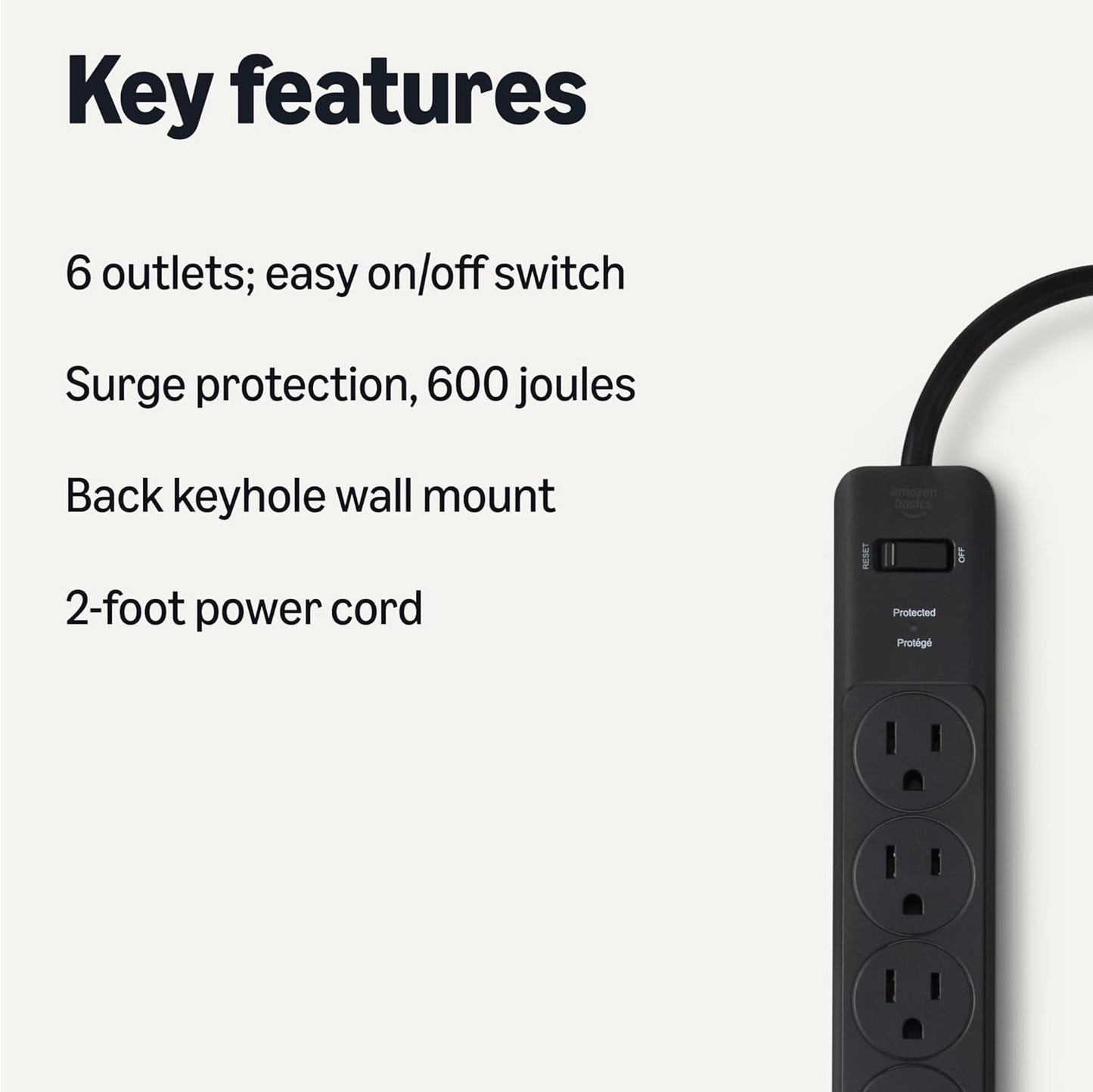 Amazon Basics Rectangle 6-Outlet, 600 Joule Surge Protector Power Strip, 2ft, Small, White, 2-Pack