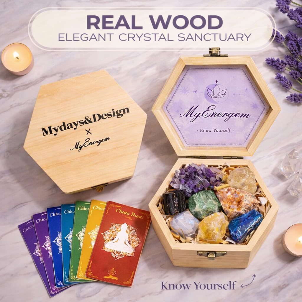 MYDAYS&DESIGN 7 Chakra Healing Crystals Set for Meditation Yoga Reiki, Amethyst Cluster, Lapis Lazuli, Opal, Green Aventurine, Citrine, Sunstone, Black Tourmaline with Wooden Gift Box and Guidebook