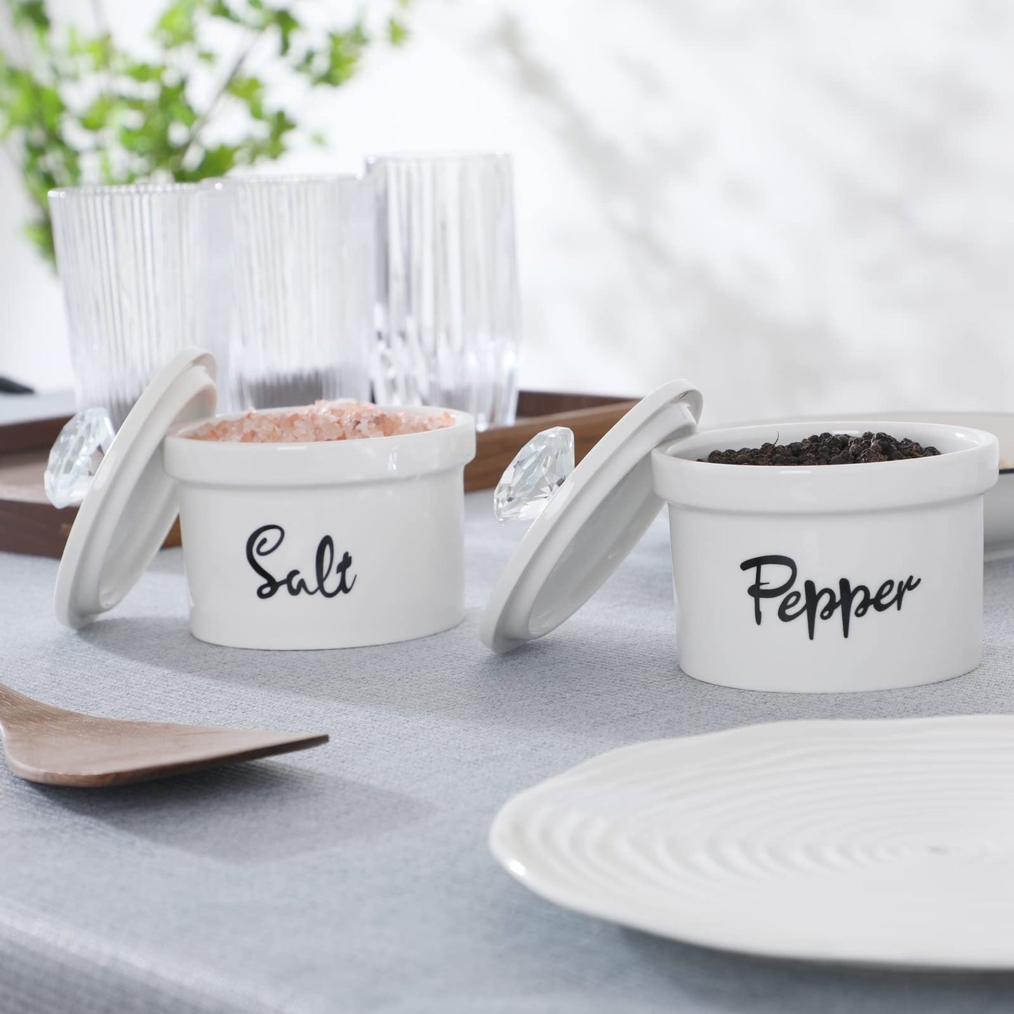 HAOTOP Salt and Pepper Bowls with Crystal Lid, 12.5 oz Ceramic Salt Pepper Container for Countertop,Farmhouse Kitchen Decor, Set of 2 (Silver)
