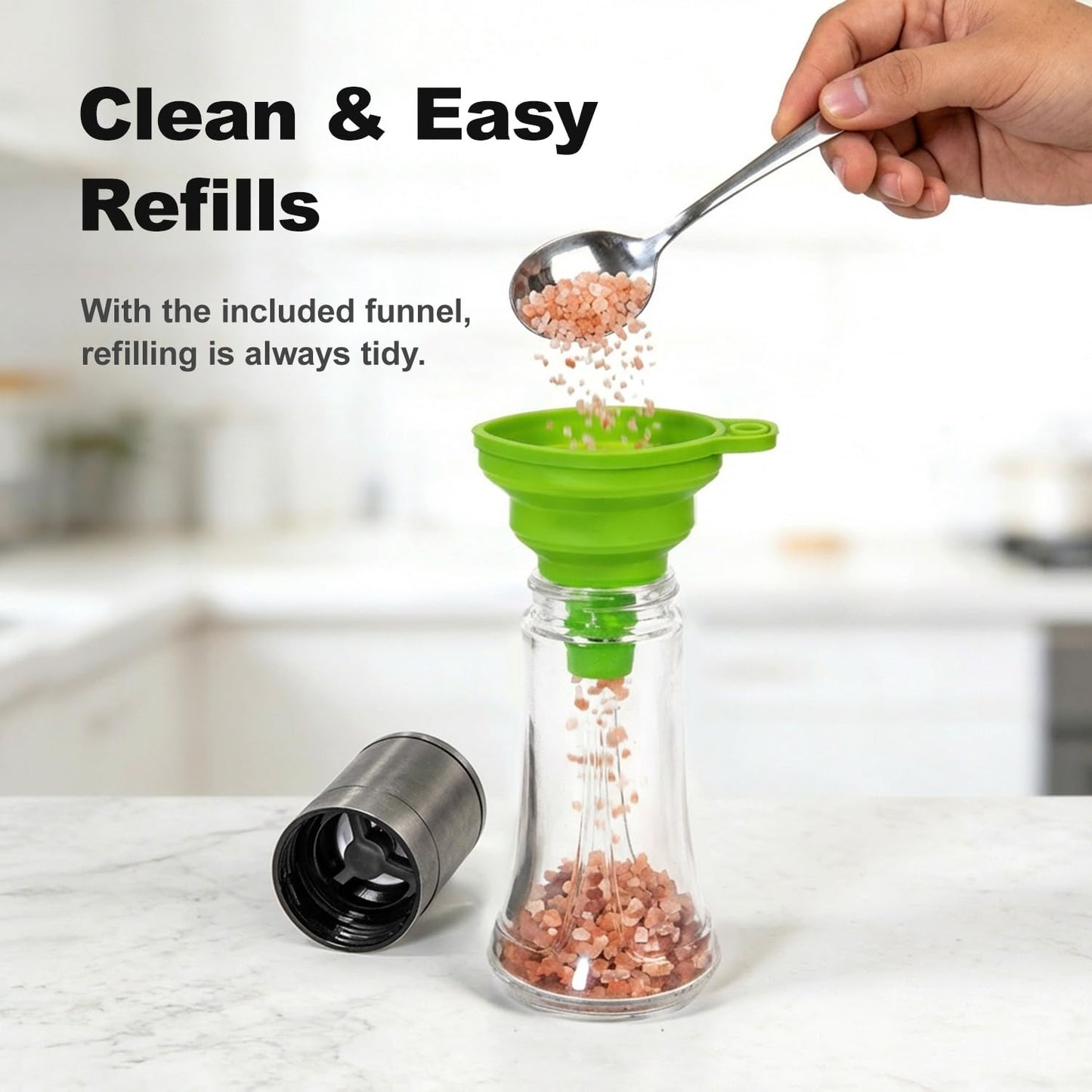 Aelga Salt and Pepper Grinder Set - 4oz Glass Manual Pepper Mill with 5-Level Adjustable Coarseness, Refillable Salt Grinder for Kitchen, Modern Kitchen Gift Set with Silicone Funnel