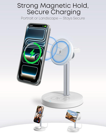 3 in 1 Magnetic Wireless Charging Station, 15W Fast Charger Stand for iPhone, Phone Charger Stand for Desk Nightstand, Compatible with iPhone 17/16/15/14, Apple Watch & AirPods, Adapter Not Included