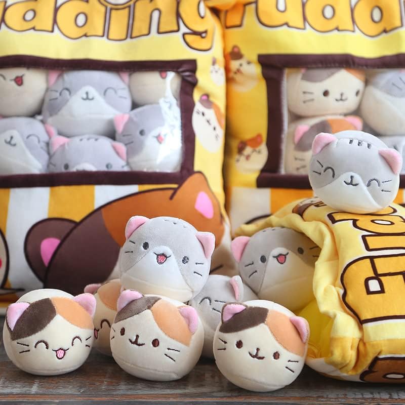 HXPLN Cute Snack Pillow Cat Plush Pillow, Pudding Cat Pillow with Kitty Dolls, Removable Stuffed Animal Toys Creative Gift for Teenagers, Girls, Children (8 Yellow Kittens)