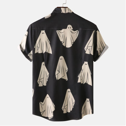 Size L Black Ghost Ghost Halloween Shirt Men Fun Pumpkins Skull Short Sleeve Button Down Hawaiian Holiday Shirts