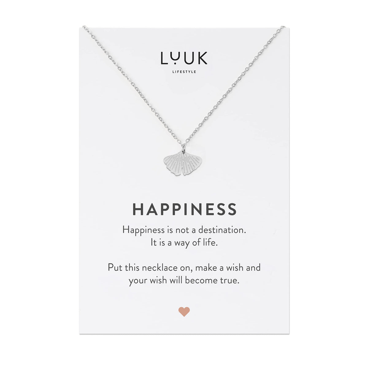 LUUK LIFESTYLE Necklace for women in stainless steel with ginkgo leaf pendant and HAPPINESS gift card, gift idea, 19” chain length, symbol of nature and serenity, zen jewelry for women, silver