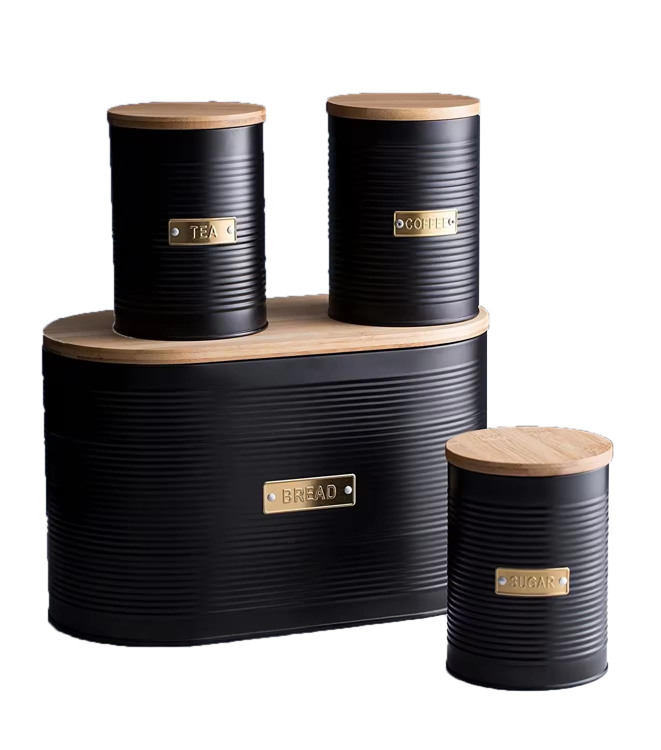Black Metal Canisters with Wooden Lids – Set of 4 Airtight Storage Tins for Coffee, Tea, Sugar & More – Modern Ribbed Kitchen Containers with Brass Labels