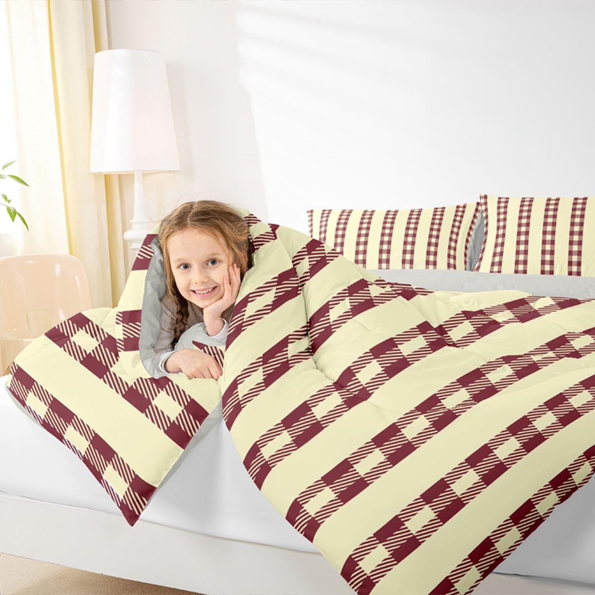jejeloiu Red Brown Plaid Comforter Set All Season Stripes Bedding Set with 2 Pillow Cases Check Checkered Microfiber Kids Queen Bedclothes Grid Geometric Bedroom Decor Duvet Quilt Breathable Soft