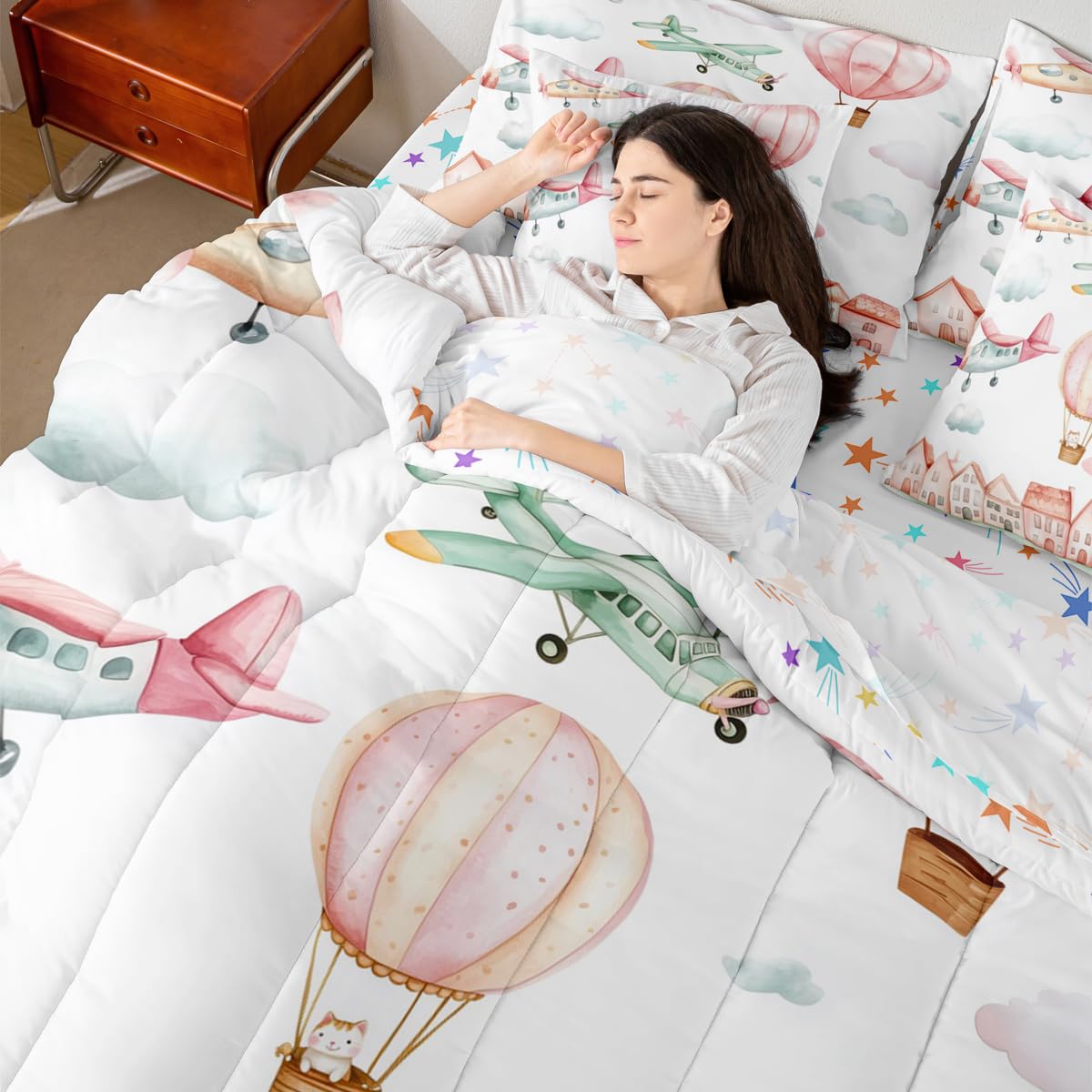 Erosebridal Cartoon Airplane Twin 7 Pcs Bedding Set, Pink Aircraft Comforter Set with Sheets for Girls Kids Youth Women Bedroom, Cute Cat Pink Hot Air Balloon Bed in A Bag, Colorful Cloud Bed Sets