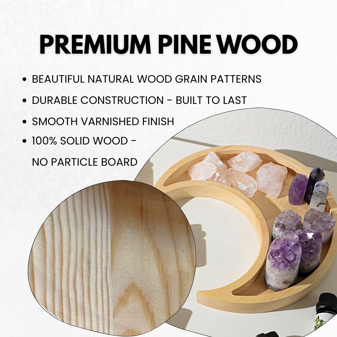 Natural Pine Wood Moon Crystal Display Tray with Dish - Wooden Altar Tray 9.6" x 4.2" for Crystals and Stones Storage - Solid Wood Jewelry Organizer - Bohemian Spiritual Decor