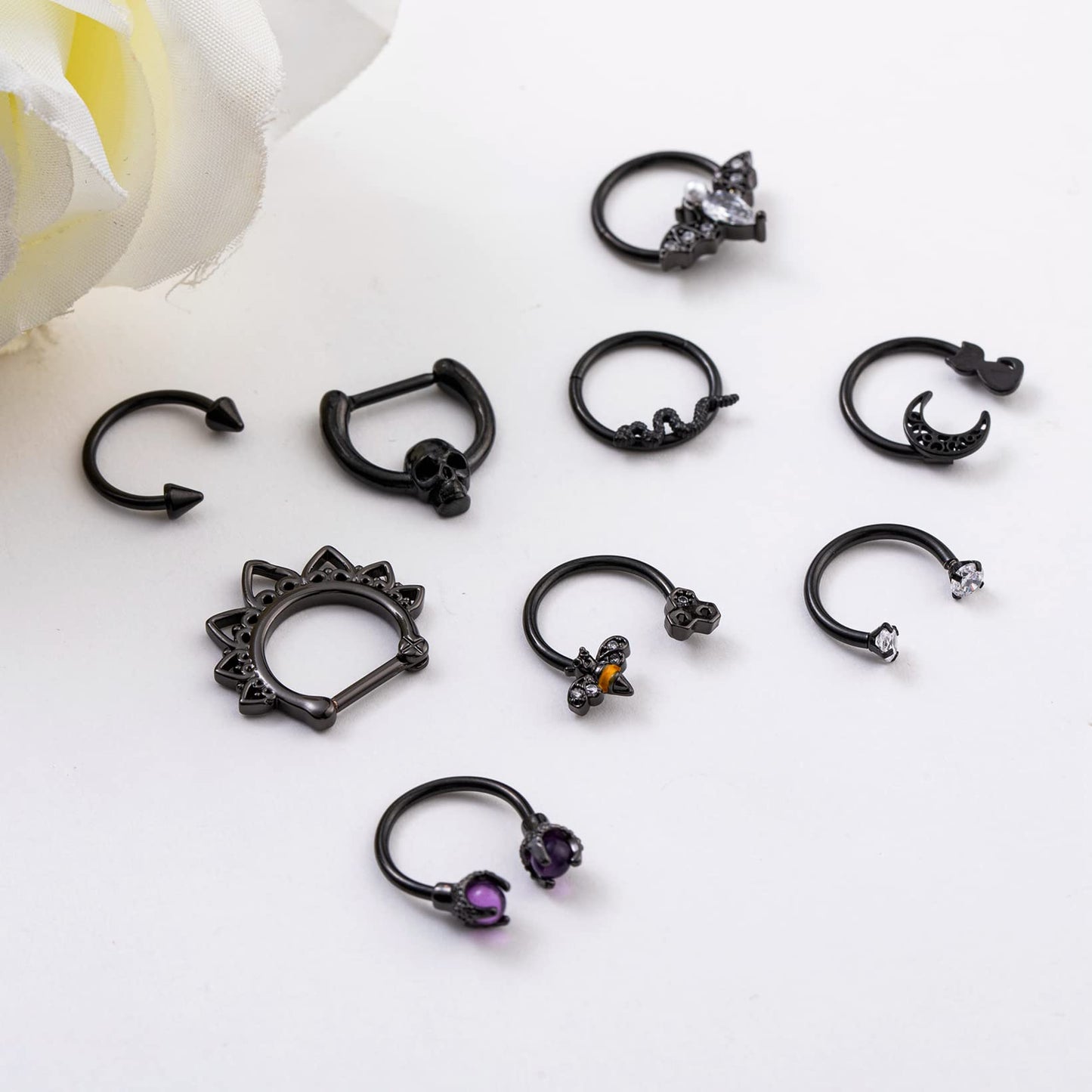 LOREMOW 9 PCS 16G Stainless Steel Horseshoe Septum Rings for Women Cartilage Helix Tragus Earrings Daith Earrings Hoop Snake Bat Gothic Piercing Jewelry B