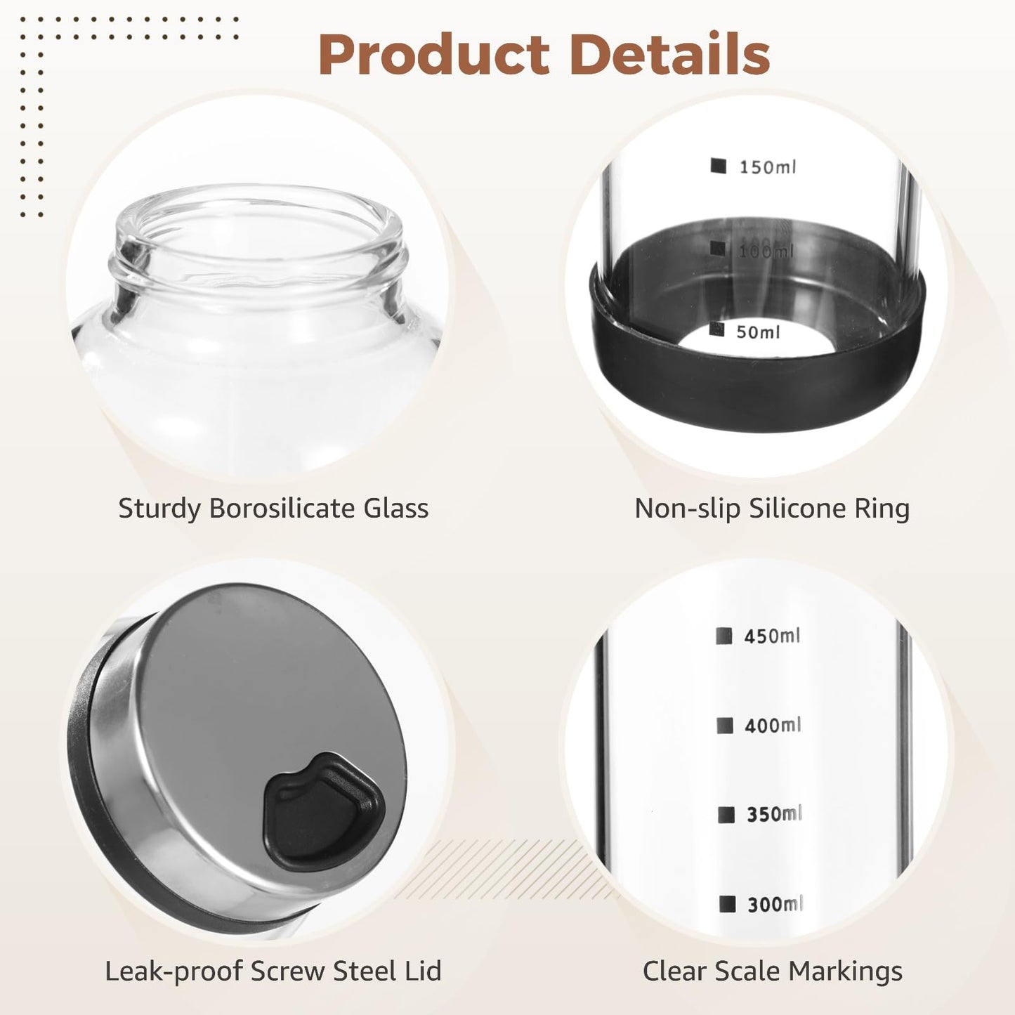 4 Pcs Salt & Pepper Shakers, Large Glass Spice Jars with Adjustable Pour Holes, Spice Dispensers with Non-skid Silicone Bases, Seasoning Jars with Rotating Steel Lids for Kitchen(500ml)