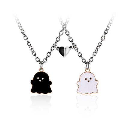 2Pcs Lovely Magnetic Love Heart Ghost Pendant Necklace Set for Women Men Friend Enamel Mutual Attract Magnet Couple Matching Necklace Halloween Jewelry Birthday Gift-A black white