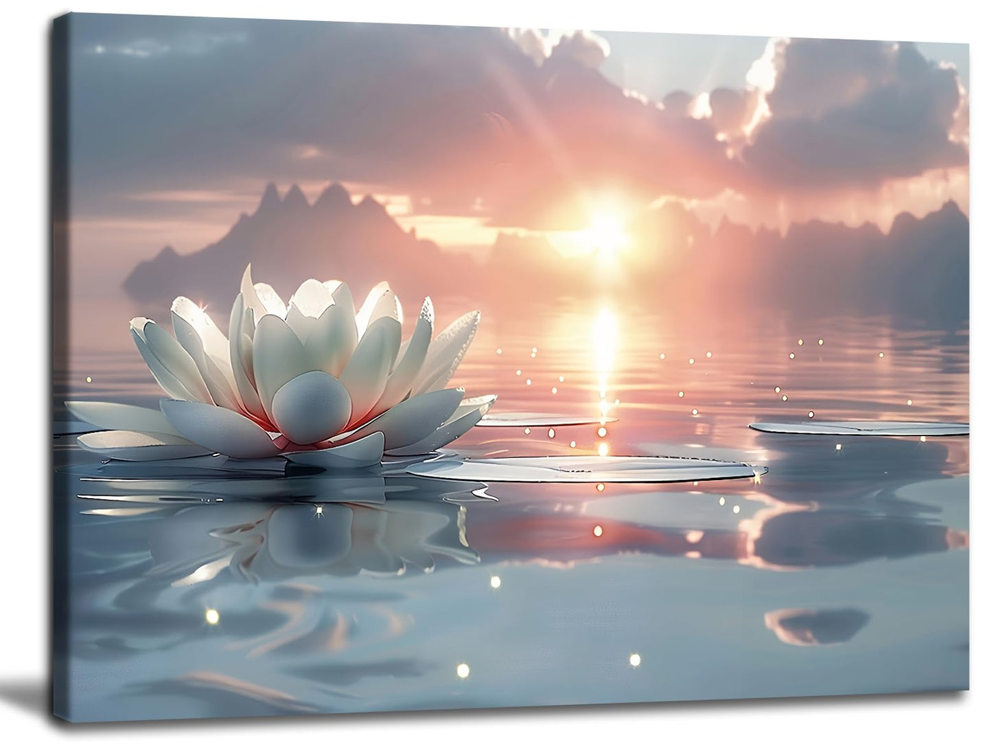 Zen White Lotus Wall Art Sunrise Meditation Canvas Wall Decor Spa Yoga Still Life Painting Prints Relaxing Spiritual Just Breathe Aesthetic Posters Pictures Modern Spiritual Inspiration Framed