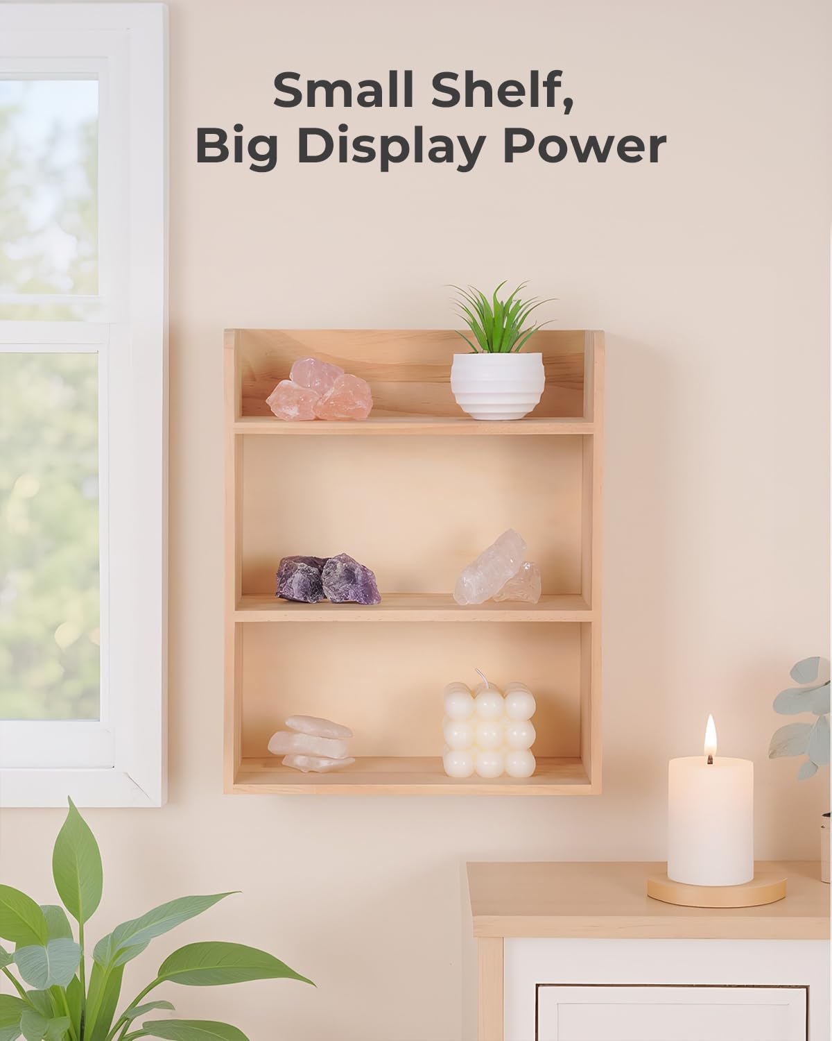 Bahhatii 3-Tier Trinket Shelf, 10" x 12" Small Display Shelf for Wall or Countertop, Solid Wood Knick-Knack Shelf for Collectibles, Crystals & Spice Village Storage, Natural Unfinished, DIY Stain