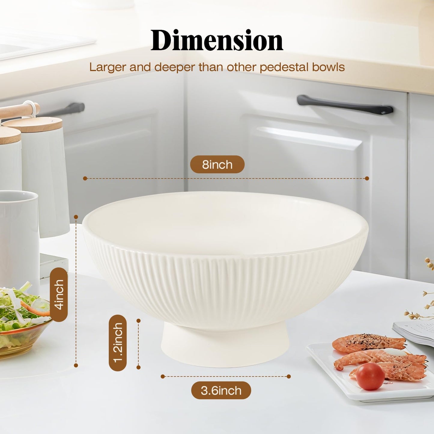 Richtmall Decorative Bowl 8 Inch Fruit Bowl for Kitchen Counter Modern Pedestal Footed Centerpiece Bowl for Coffee Table & Home Decor Fall Catch-All Bowl for Key, Candy, White