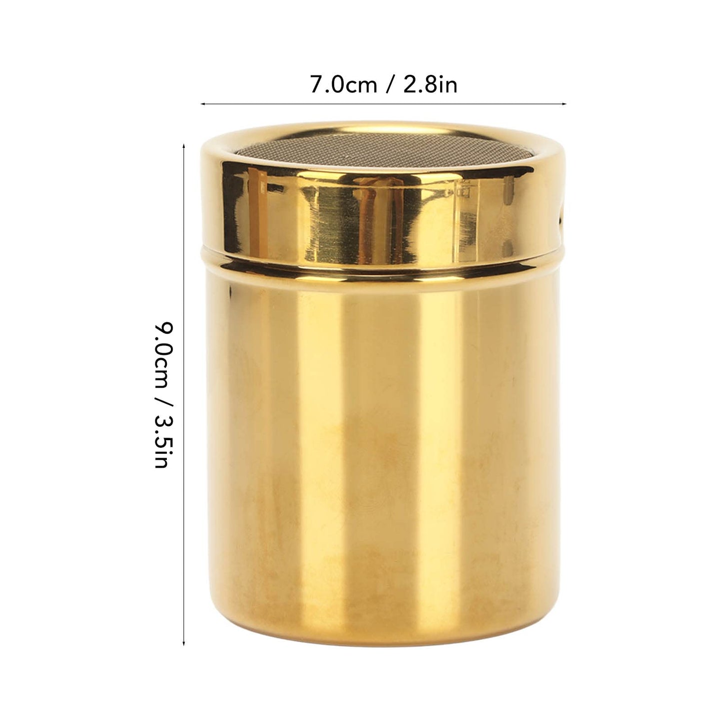 Stainless Steel Powder Shaker, Coffee Cocoa Dredges with Fine Mesh Lid, 2.8 x 3.5 inch Powder Sugar Shaker for Coffee Cocoa Chocolate Cinnamon, Gold
