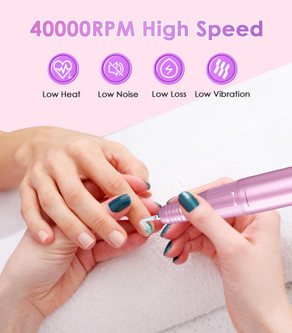 Portable Nail Drill Electric File: 40000RPM Professional Rechargeable Nail E-File Machine, Cordless Nail Drill with Bits & Base for Acrylic Nails Remove Nail Gel Polish Manicure for Salon Home, White