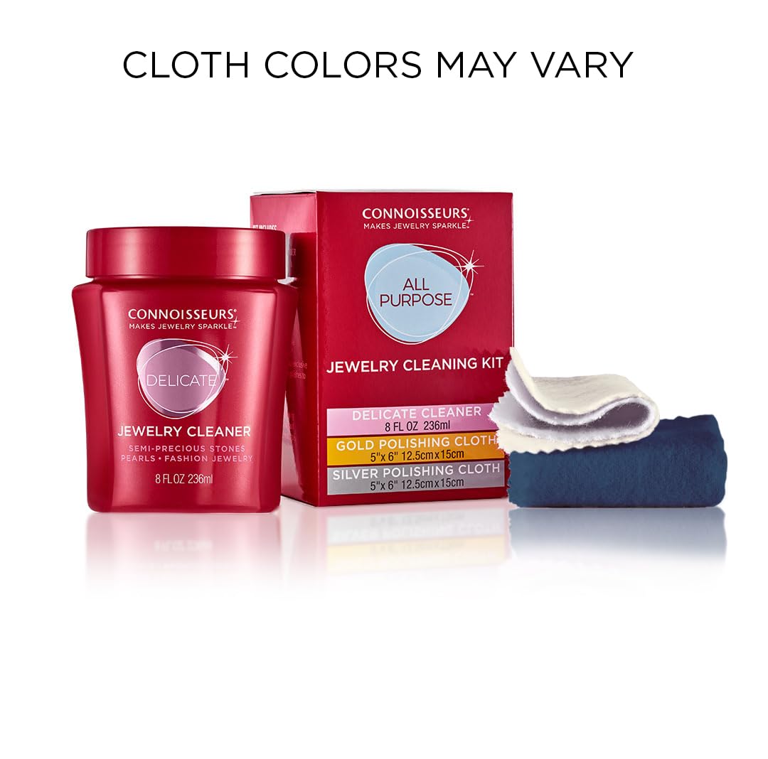 Connoisseurs All-Purpose Jewellery Cleaning Kit | Jewellery Cleaner with Gold & Silver Polishing Cloth | Silver Cleaning Cloth & Gold Polishing Cloth with Liquid Cleaning Solution for Precious Stones