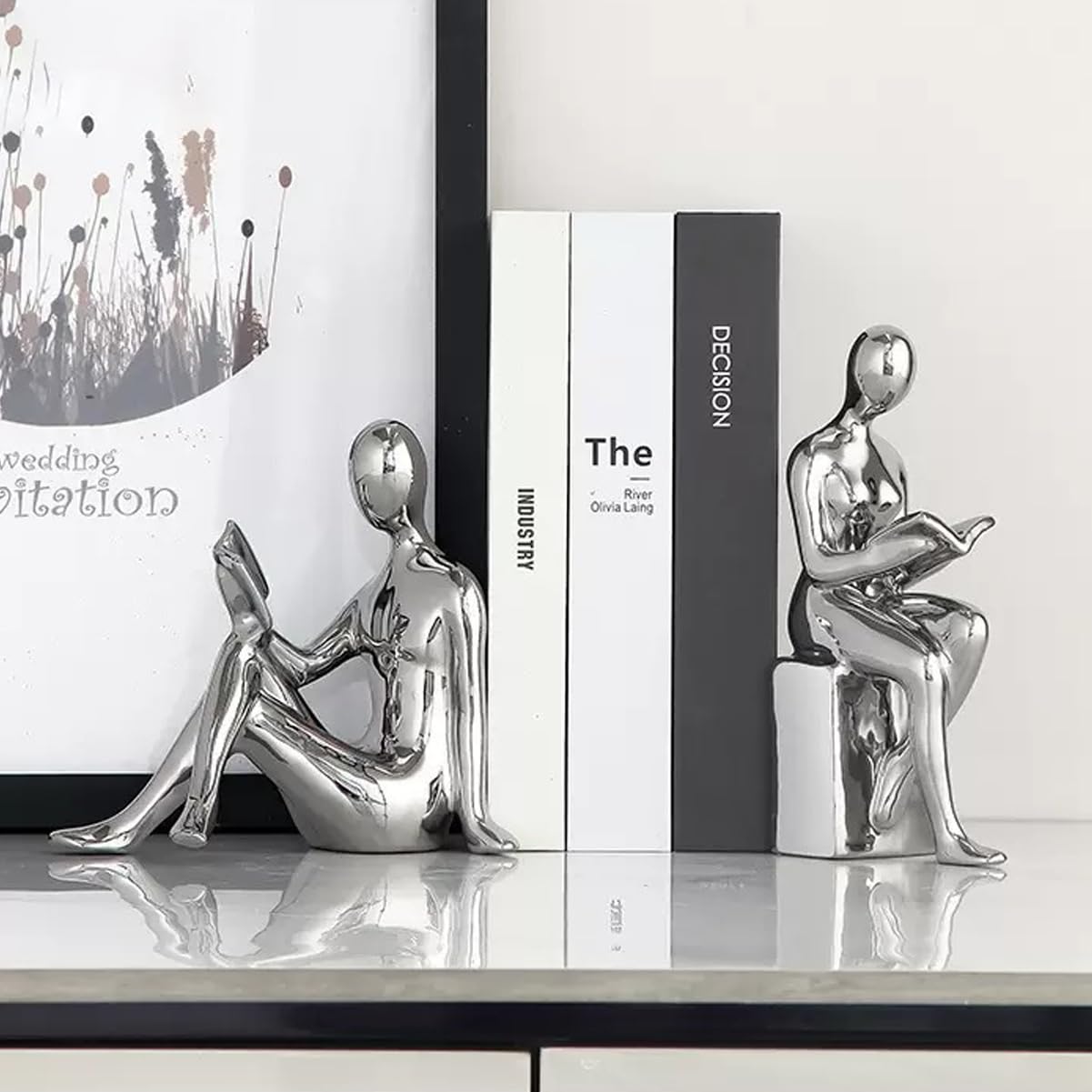 Decorative Bookends, Ceramic Book Ends for Shelves, Home Office Decor Aesthetic Book Stopper Reading Book Holders Statues for Bookshelf Bedroom Living Room Decoration (Silver)