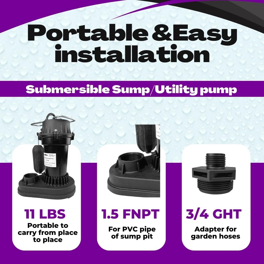 Rainbro 1/2 HP Thermoplastic Submersible Sump Pump With Vertical Float Switch, Utility Pump, Model# PSU051V