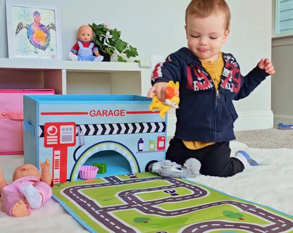 SAM AND MABEL Toy Cars Garage Box – Toy Storage Box with Car Rug Play Mat, Collabsible Storage Organizer for Boys and Girls (GoGarage)