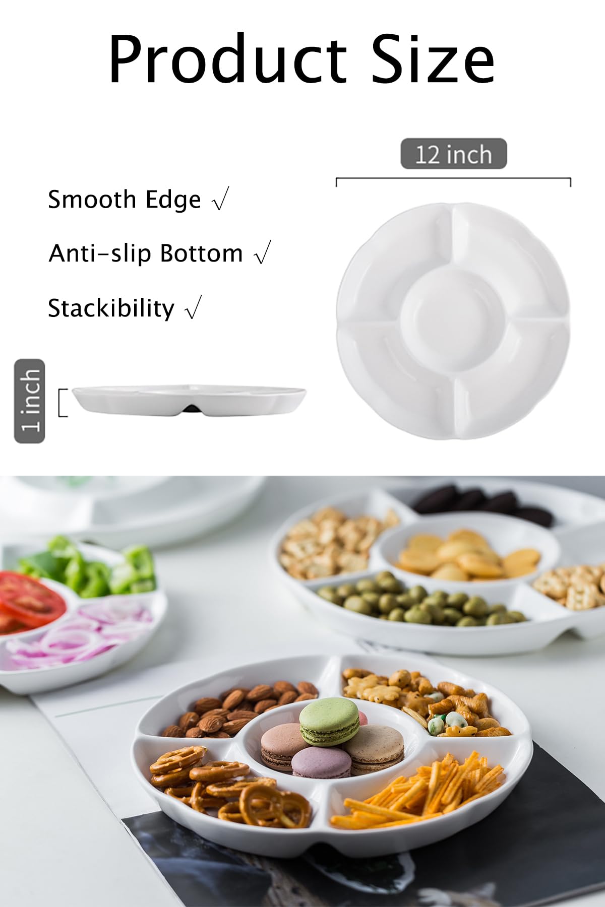 LAUCHUH Veggie Tray Set of 2, Porcelain Chip & Dip Serving Set Divided Serving Platter White Serving Tray for Father's Day Party, Fruits, Veggies, Candy, Snack, Dessert, 12 inch