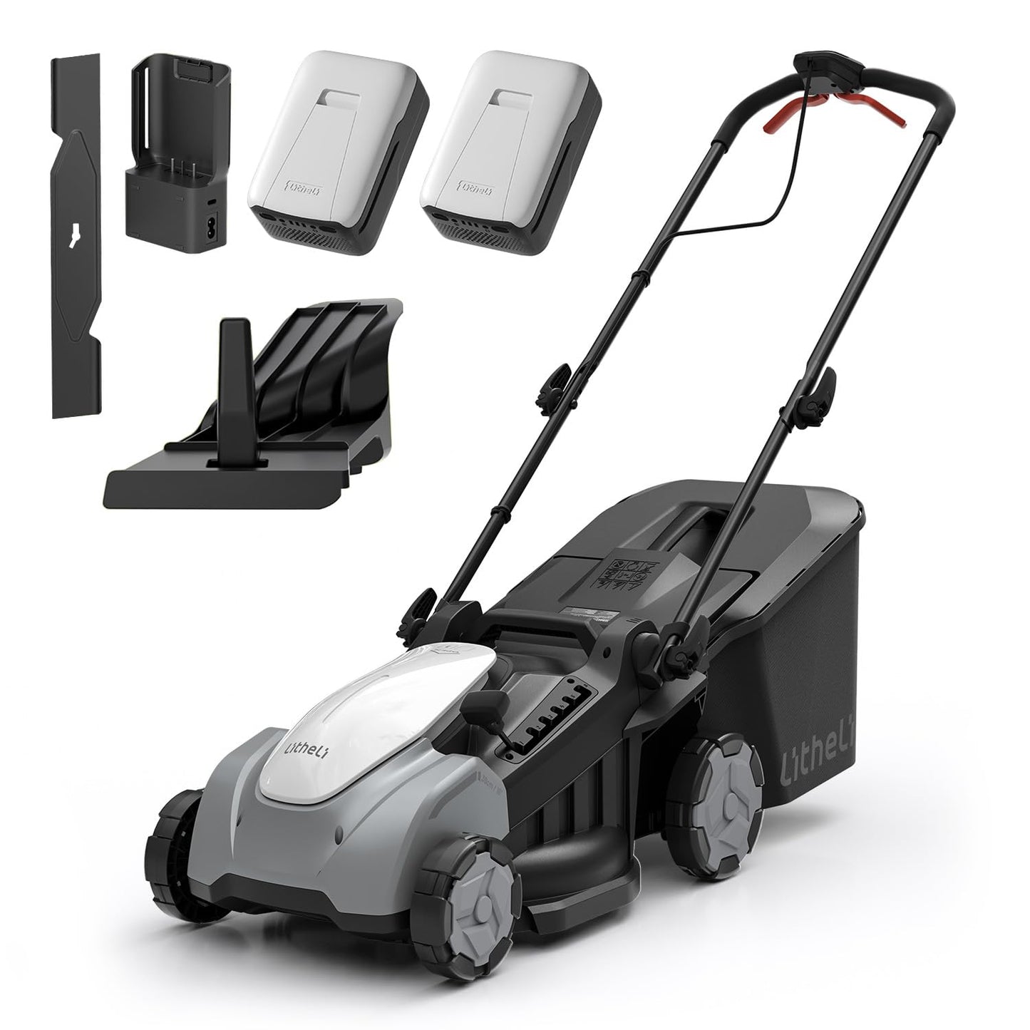 Litheli Electric Lawn Mower Cordless,Grass Cutter Machine for 3200 Sq. Ft, Brushless Motor, 16 in Cutting Width, 6 Level Cutting Height, 2 * 5.0 Ah Batteries and Charger, 2-in-1 Mulch/Bag