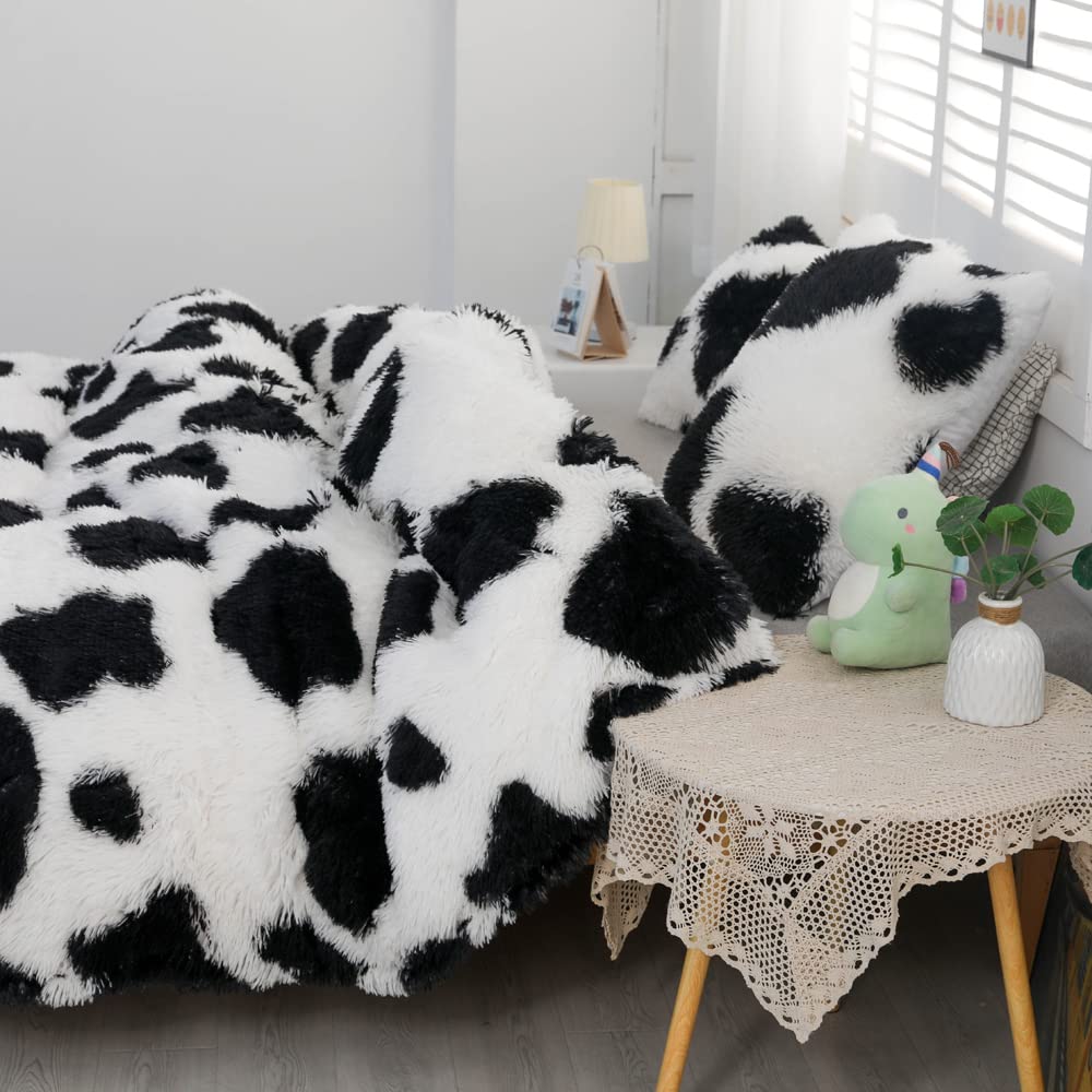 Roscloud Faux Fur Kids Girls Cow Print Comforter Sets Twin/Full - 3PC Bed Set Warm Comfortable Soft Plush Flannel Velvet Fluffy Fuzzy Bedding（Comforter x 1 Pillowcases x 2）