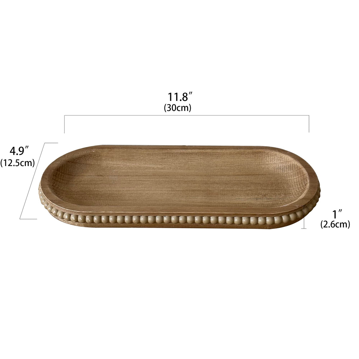 dwellington Wooden Farmhouse Decorative Tray, 11.8in Rustic Beaded Tray for Living Room Decor, Kitchen Table Décor, Oval Coffee Table Serving Tray (Natural)