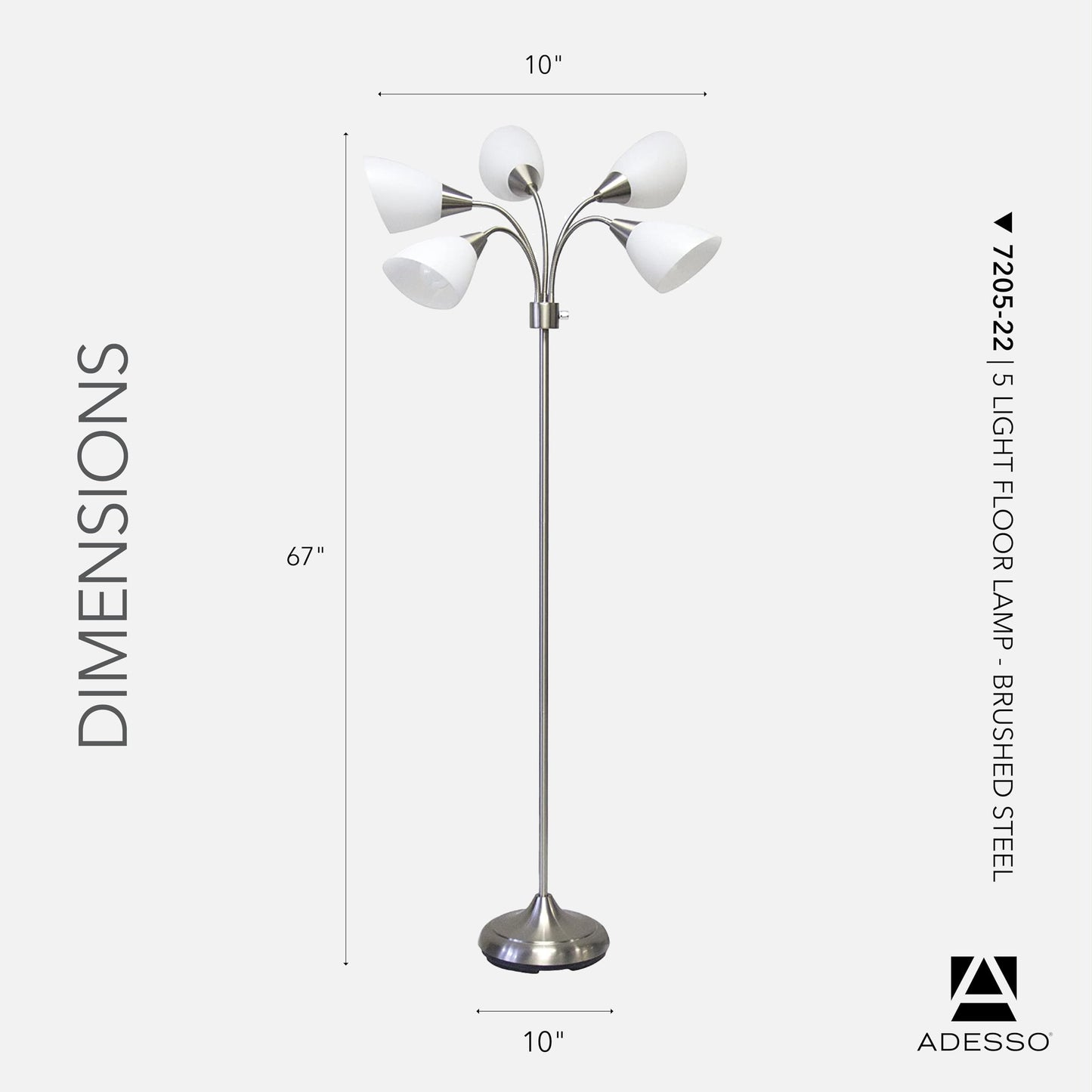 Adesso Floor Lamp with 5 Movable Shades & Adjustable Brightness, Brushed Steel Finish, Silver Perfect Lighting for Bedroom Decor, Beauty & Art Studio