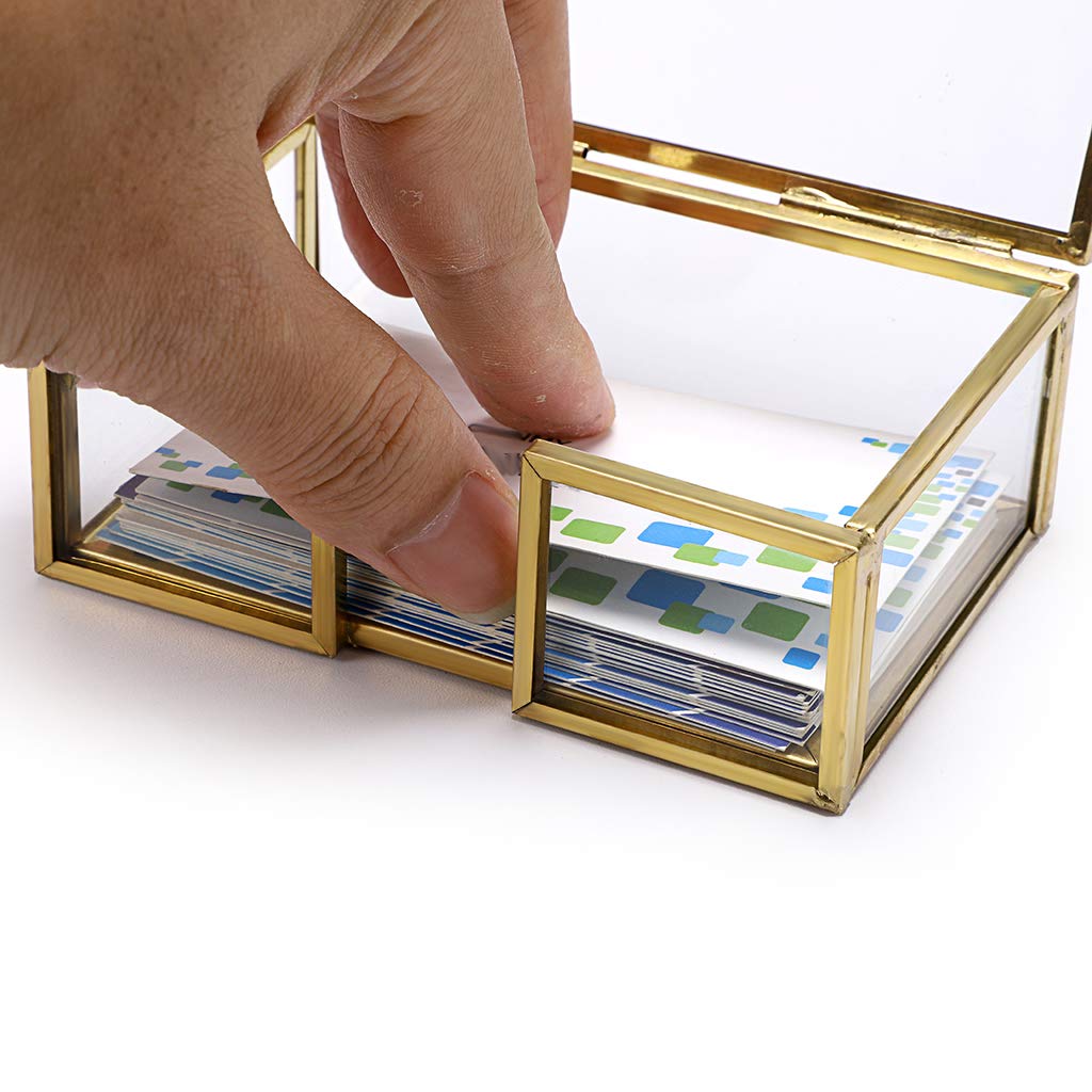 Hipiwe Glass Business Card Holder Box with Lid - Desktop Name Card Display Box Organizer Gold Metal Business card Container Box for Office Countertop