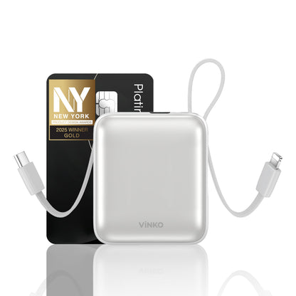 VINKO Small Portable Charger, 22.5W Fast Charging Mini Power Bank 10000mAh with Built-in Cables, Travel Essential USB-C Battery Pack Compatible with iPhone 17/16/15, Samsung S25/24, Android (White)